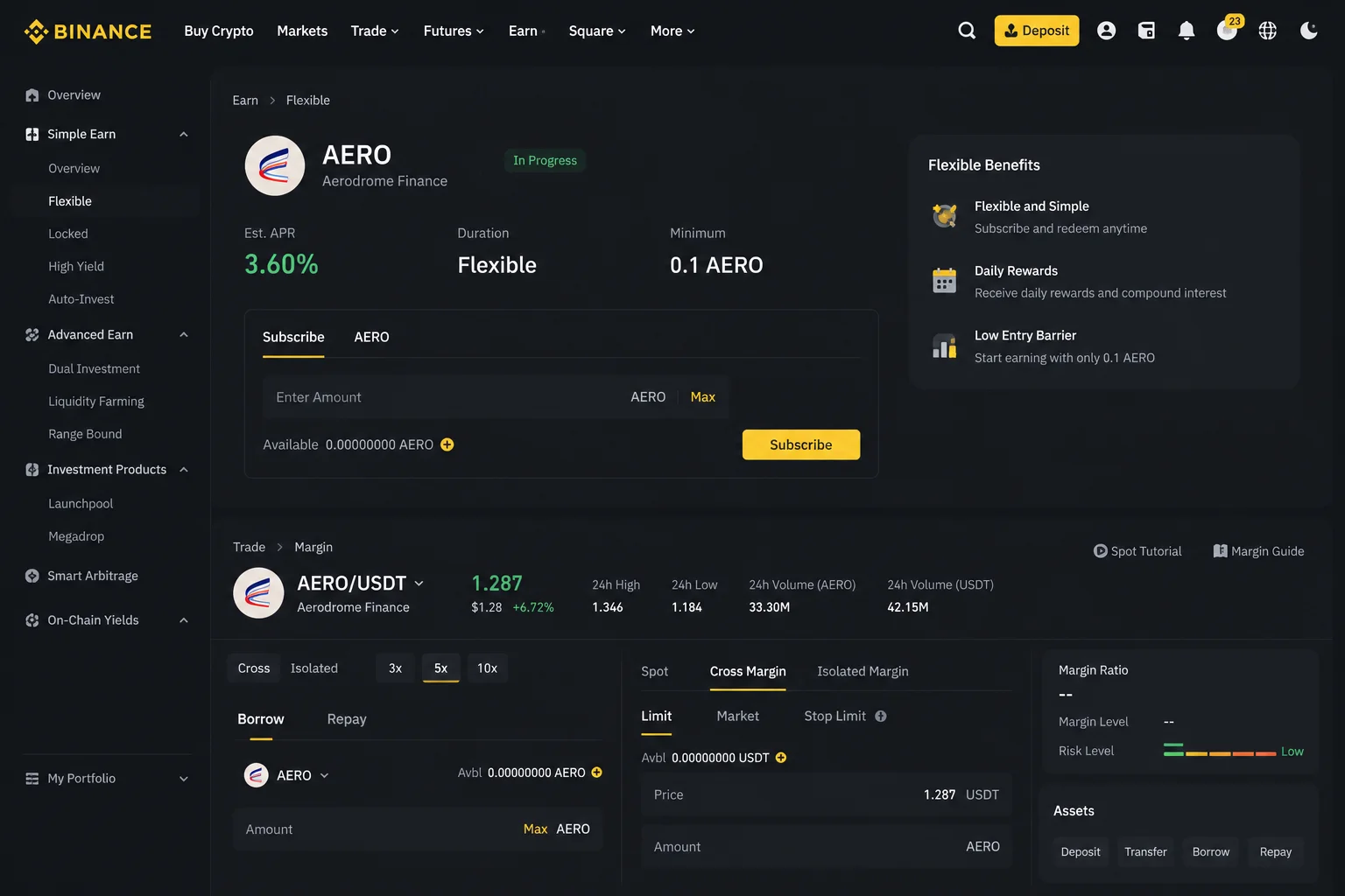 شعار Aerodrome مع واجهة خدمات Binance Earn والتحويل والهامش