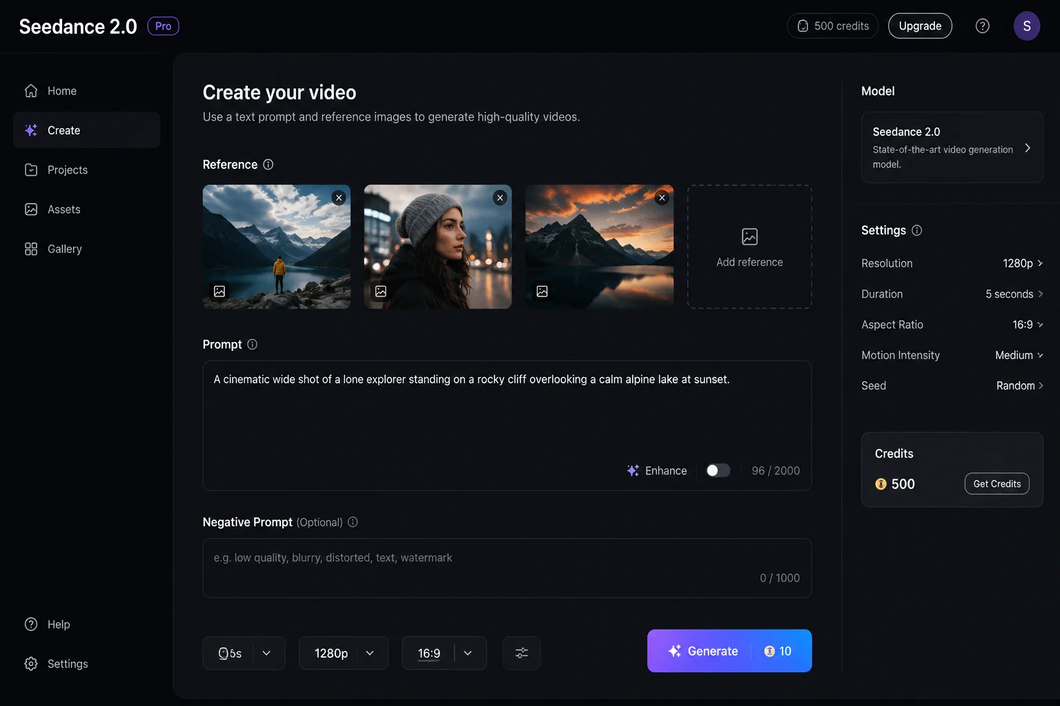 لقطة شاشة لواجهة Seedance 2.0 تظهر حقول رفع المرجعيات (صورة وجه، مقطع فيديو للحركة، ملف صوتي) وحقل الموجه النصي