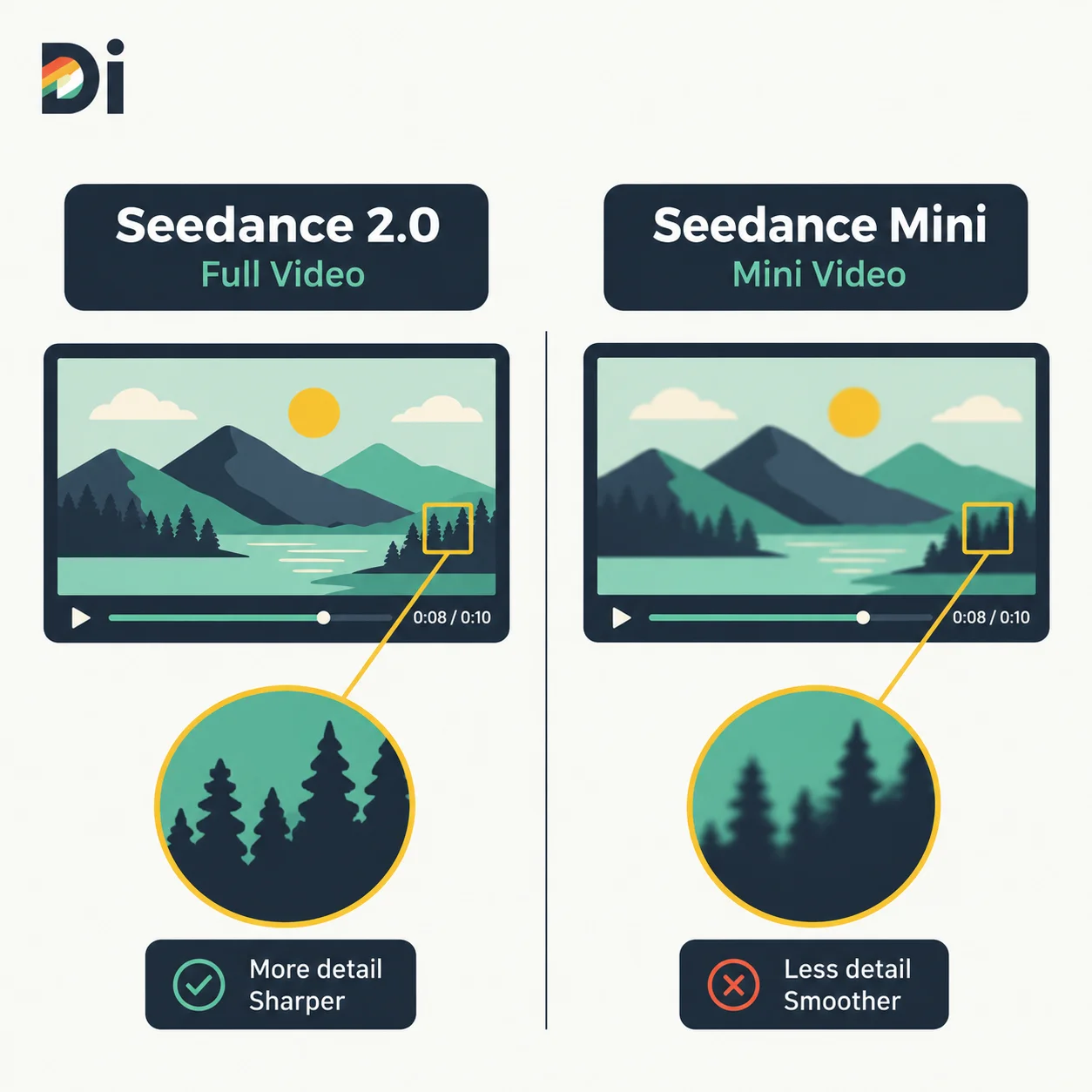 مقارنة بصرية بين فيديو مولد بواسطة Seedance 2.0 الكامل وآخر بـ Mini تظهر الفرق في التفاصيل الدقيقة مع تشابه الحركة السينمائية