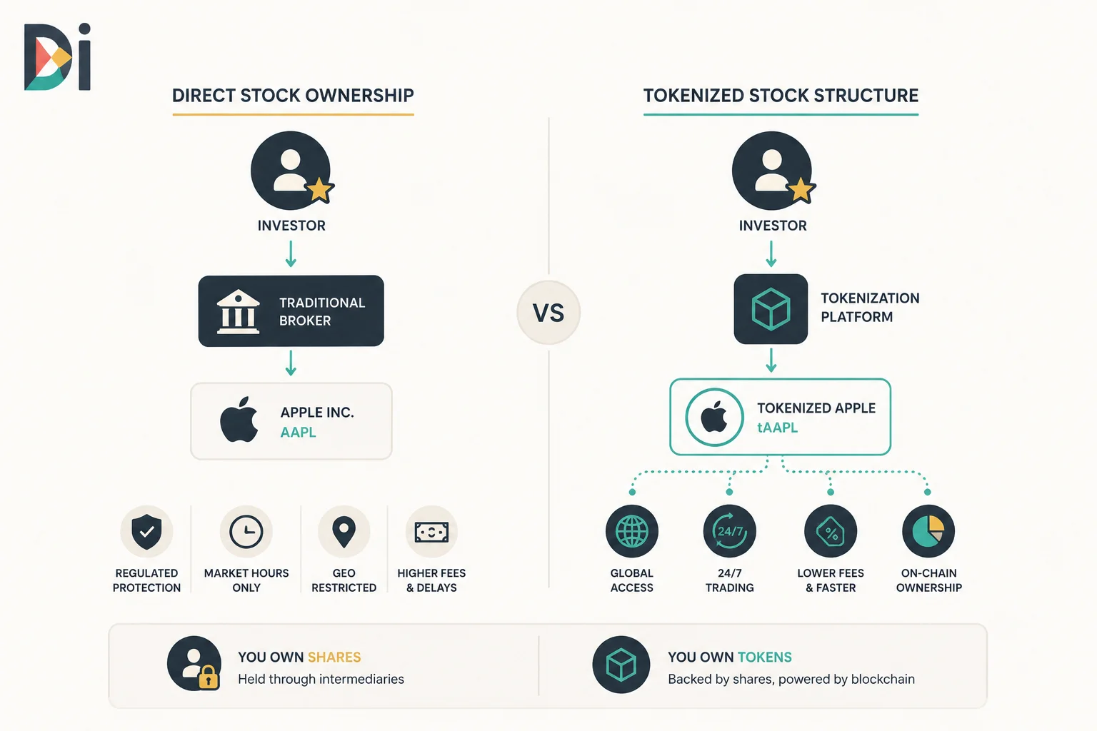 مقارنة بصرية بين هيكل ملكية السهم التقليدي وهيكل الرمز bStock